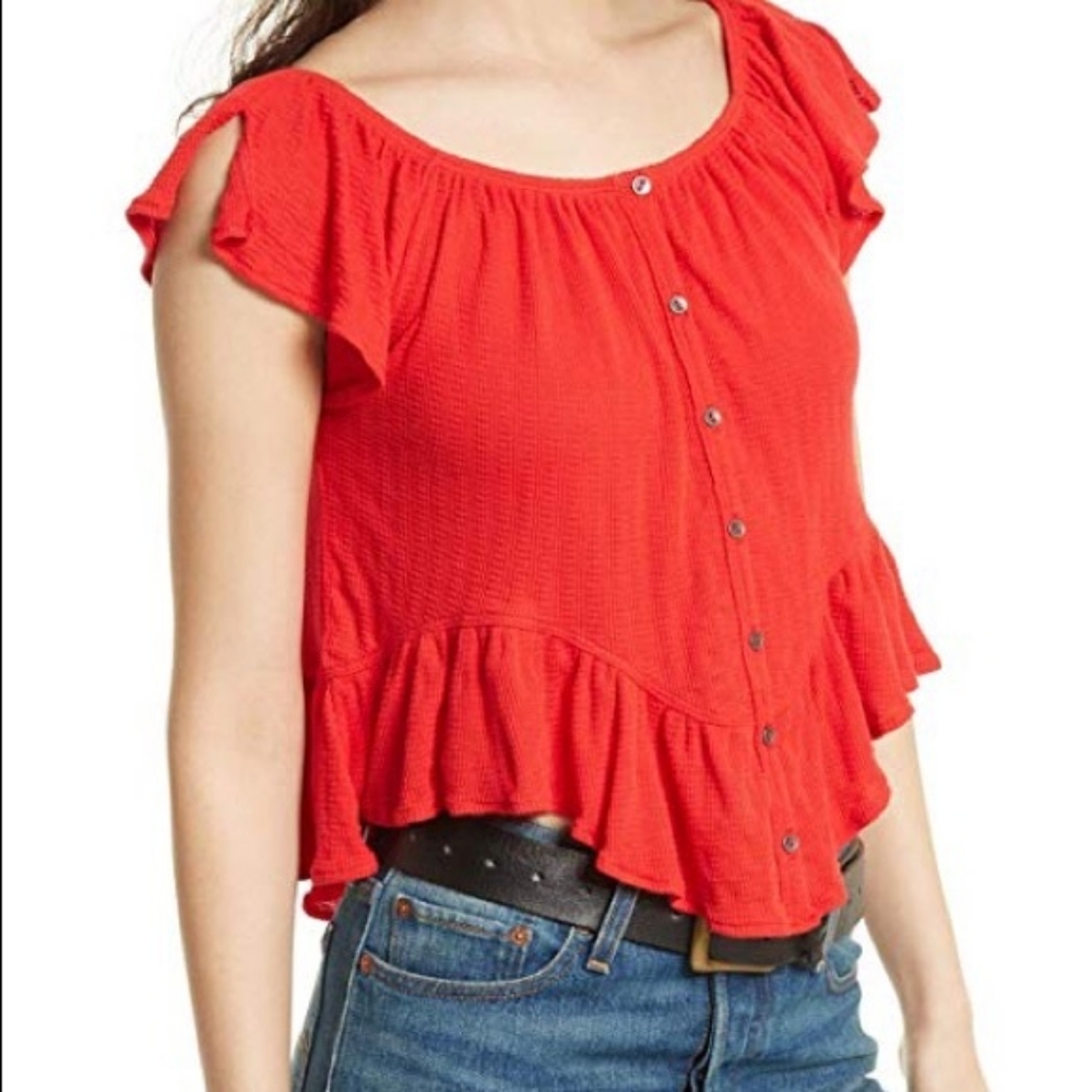 We The Free Red Mint Julep Off Shoulder Top S